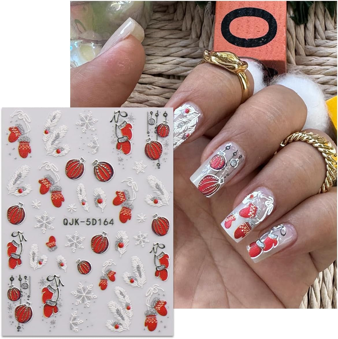 JMEOWIO 3D Nagelsticker Weihnachten Glitzer Nail Art Sticker Selbstklebend Nagelaufkleber 5D Stereoskopisch Schneeflocke Winterurlaub Süß Decoratie Nageldesign Zubehör 4 Blatt