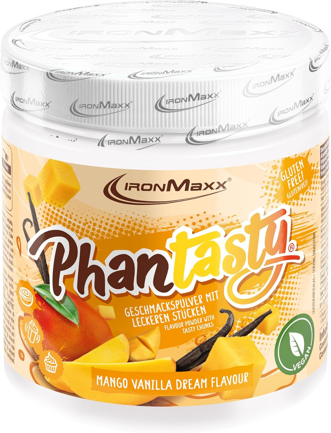 Ironmaxx Phantasty - Romige perzik 250G dosis | Veganistische Geschmackspulver Mit Echten Frucht- Oder Nussstückchen | Perfekter Zuckerersatz Zoetstoffen Naty Shop 250 G (1Er-verpakking) Mango Vanilla Dream