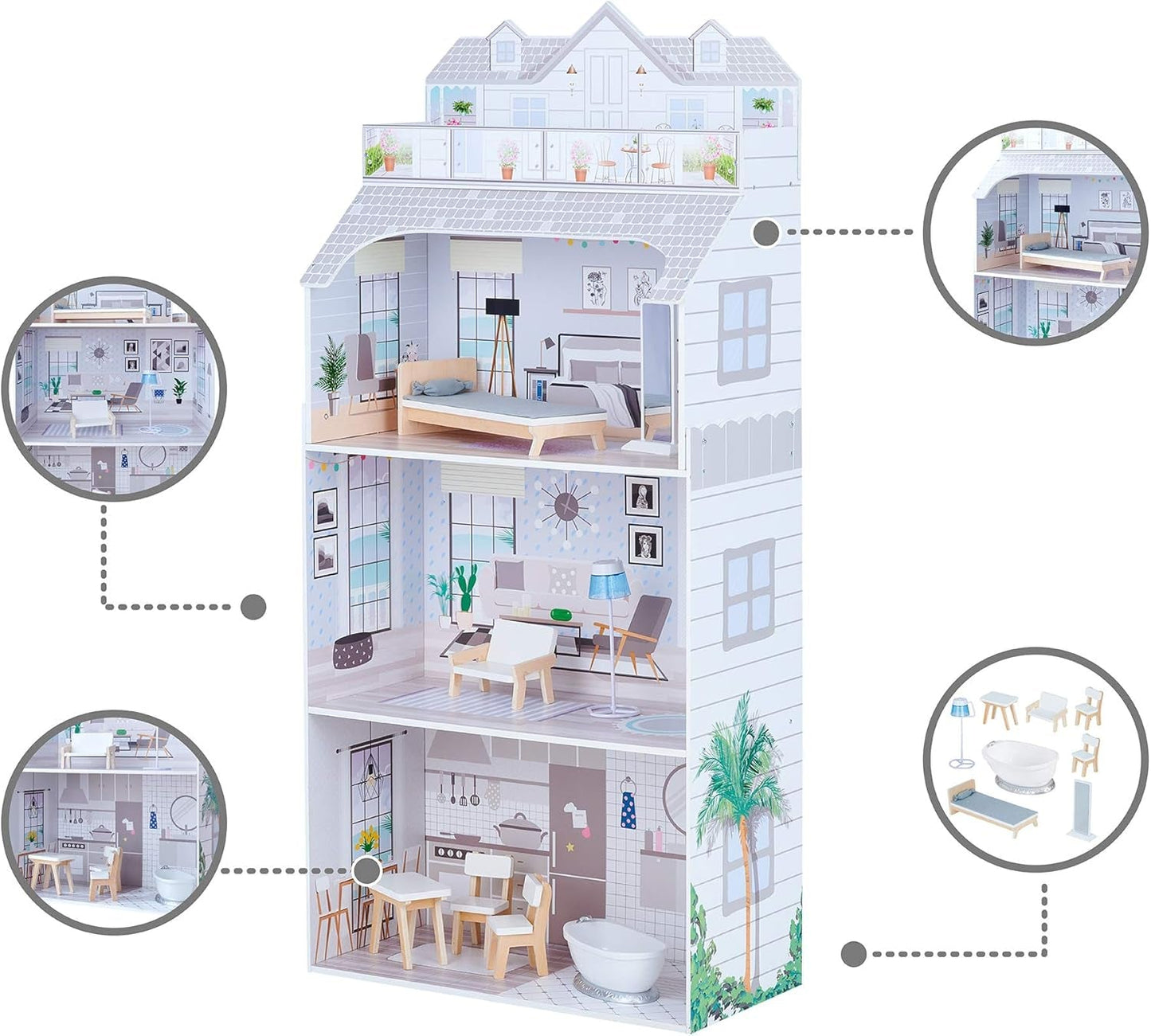 Teamson Kids Olivia's Little World gigantisch poppenhuis met meubels en accessoires, houten poppenhuis, 3-laags speelset voor poppen van 30 cm, vanaf 3 jaar