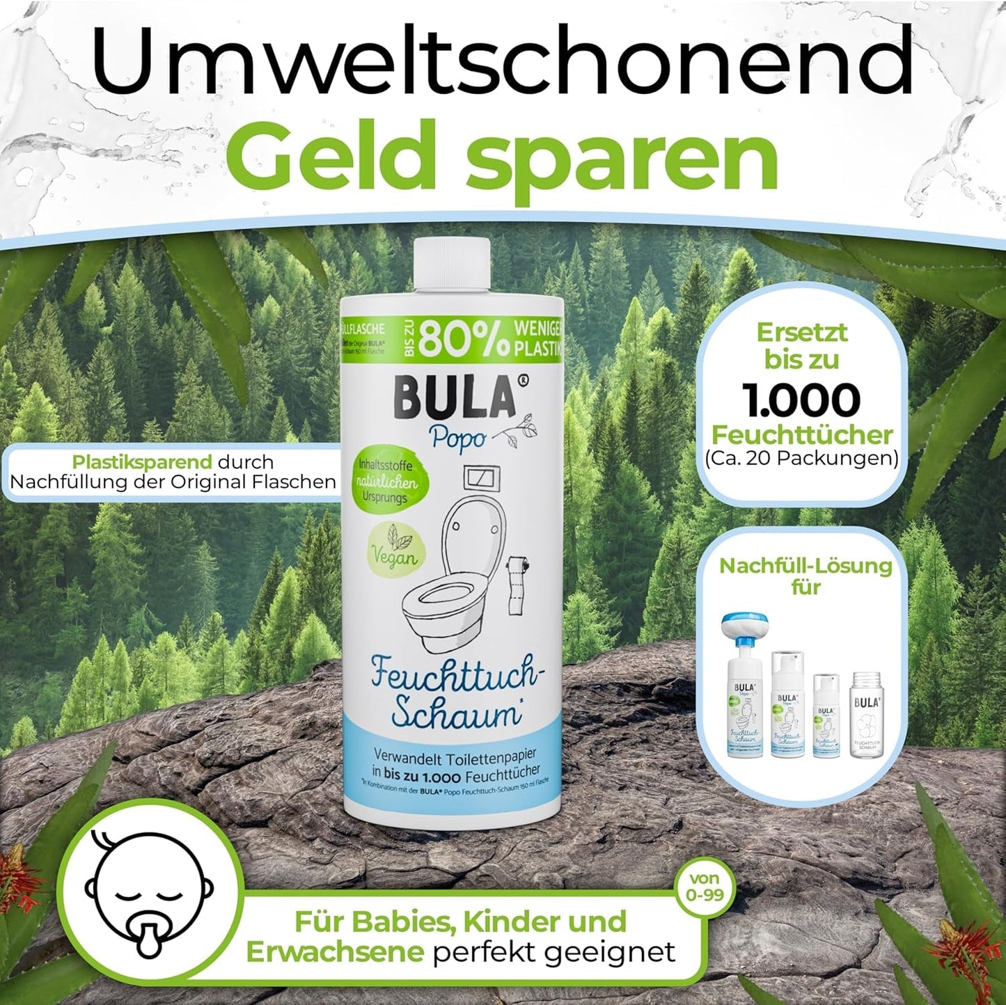 BULA® Popo navulfles (750 ml) ENKEL OM onze 150 ml en 50 ml flessen bij te vullen! | Vervangt tot 1.000 doekjes! | Met ingrediënten van natuurlijke oorsprong
