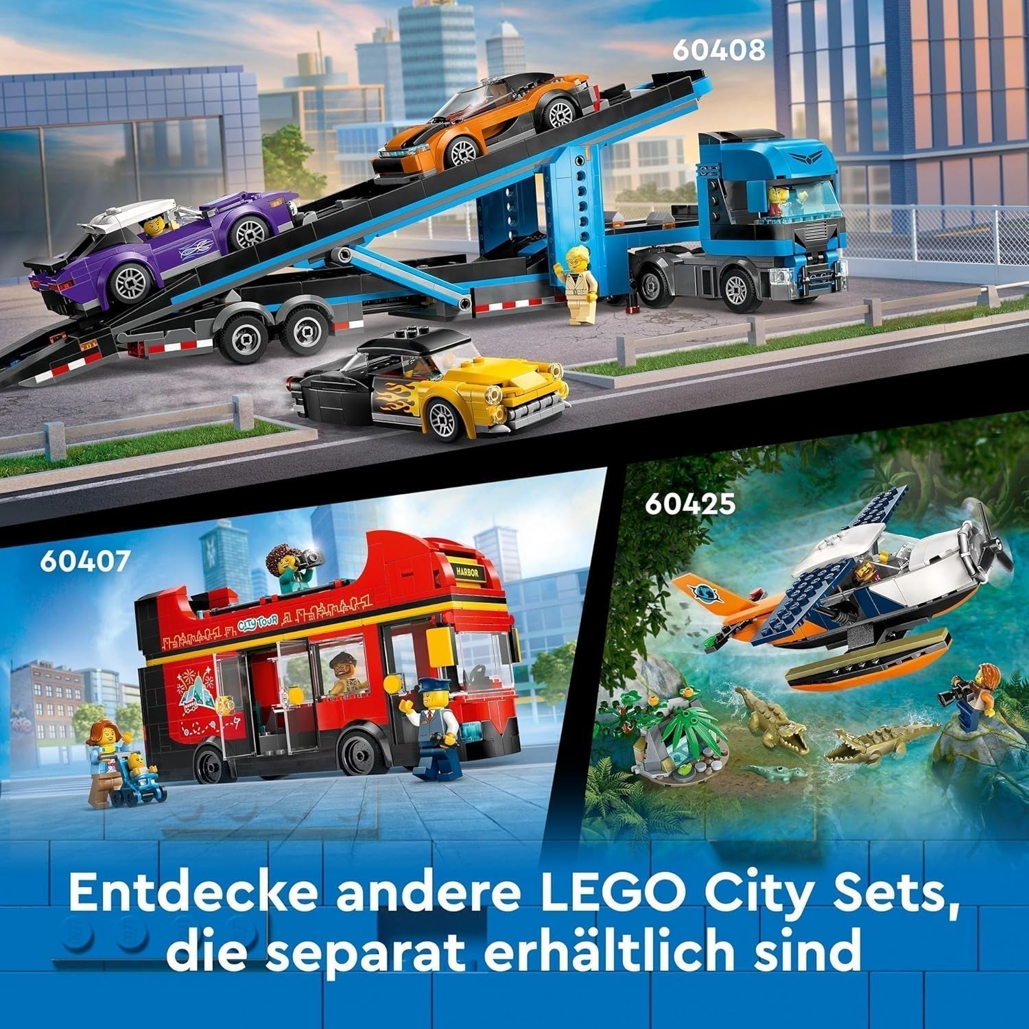 LEGO City dubbeldekkerbus, dubbeldekker speelgoedbus, voertuigset voor meisjes en jongens vanaf 7 jaar, bevat 5 figuren, waaronder een baby in een kinderwagen 60407 Bouwsets Besuche den LEGO-Store