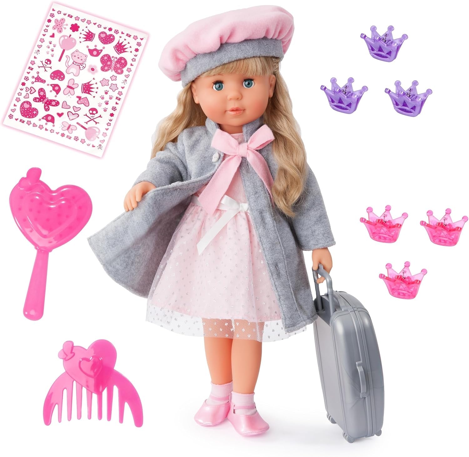 Bayer Design 94635AX Charlene functionele pop met slaperig haar en ogen, spreekt en zingt 90 zinnen, 2 gedichten en 8 liedjes, 46 cm, pop met meerdere accessoires, 1,30 kg, roze, grijs