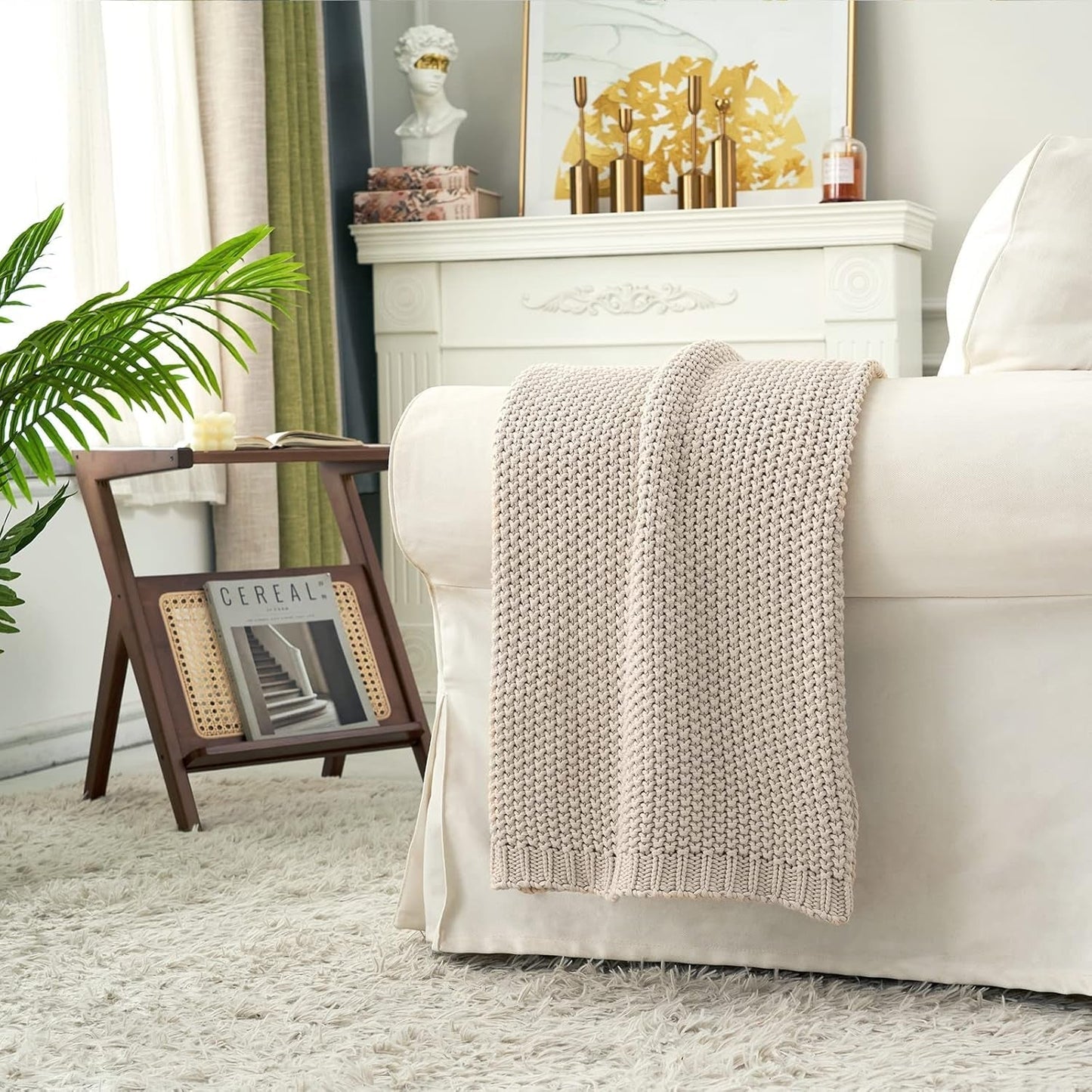 Grof gebreide deken, Lichtgewicht, Beige, 100% biologisch katoen, Deken voor bank, bank, bed, kind, kinderkamer, Rustiek, Shabby chic, Moderne boerderij, 152,4 X 203,2 cm, Inclusief waszak Bedden en dekens Longhui beddengoed
