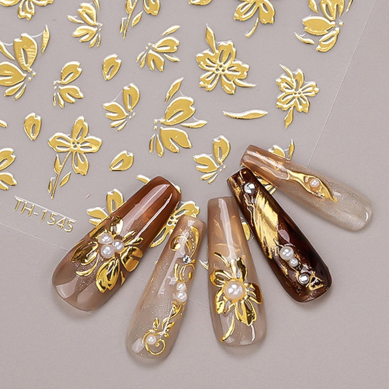 JMEOWIO Nagelsticker Goldene Blumen 8 Blatt Nail Art Sticker Selbstklebend Nagelaufkleber Decoratie Nageldesign Zubehör