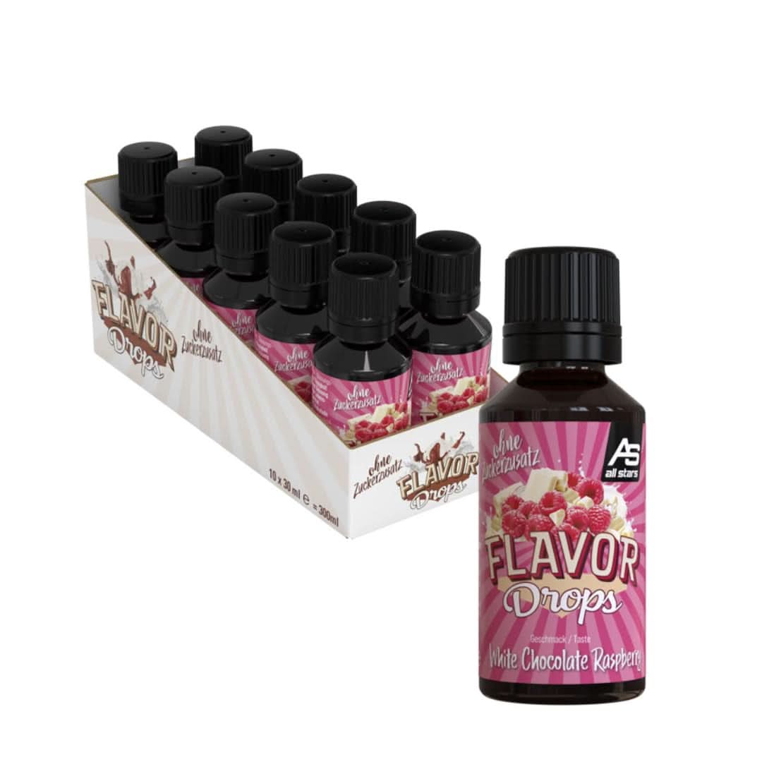 ALL STARS Flavour Drops, Gearomatiseerde drops zonder toegevoegde suiker en zonder calorieën - Zoetheid en smaak voor voedsel, 30 ml Zoetstoffen Naty Shop Witte chocolade met framboos 10 x 30 ml