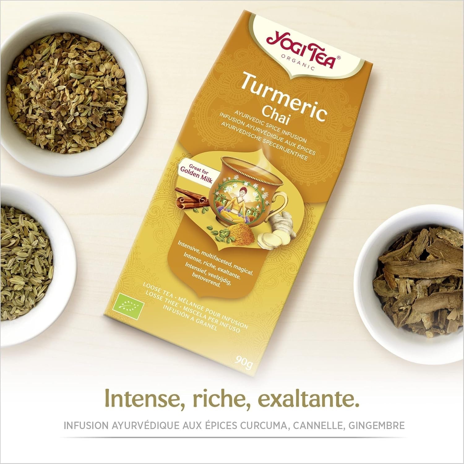Yogi Tea - Kurkuma Chai Biologische gekruide ayurvedische thee Cafeïnevrije kurkuma kaneel-gembermix Yogi-thee Los 8 x 90 g (720 g) Verpakking Ideaal cadeau