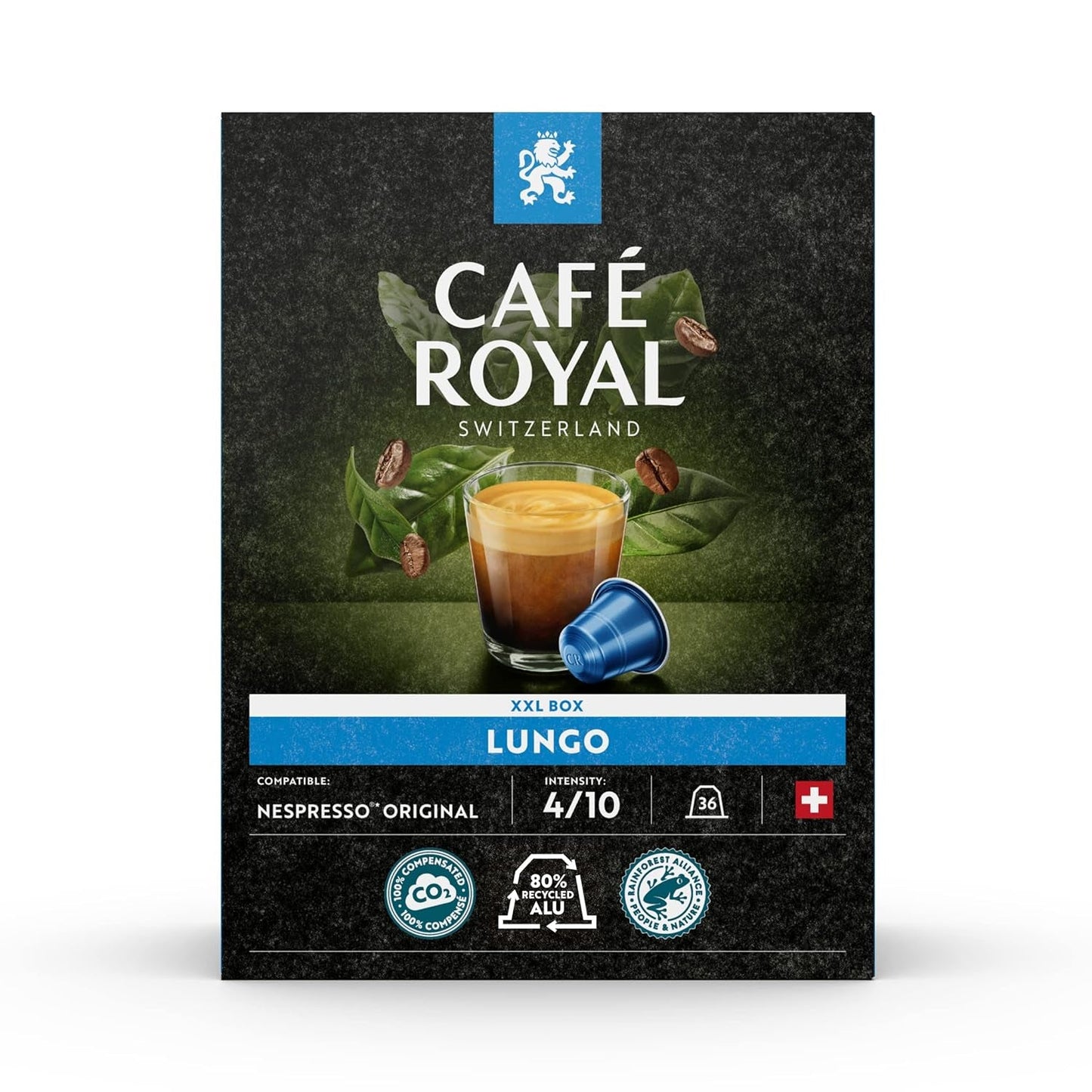Café Royal Dark Chocolate Flavoured 100 Kapsels voor Nespresso Kaffee Machine - 4/10 Intensiteit - UTZ-zertifiziert, aus Aluminium & Lungo 36 Kapsels voor Nespresso Kaffee Machine - 4/10 Intensiteit