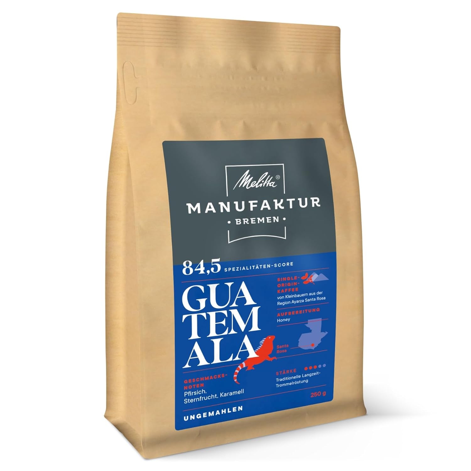 Melitta Manufaktur-Kaffee Guatemala Honing, Spezialitäten, 250g, Ganze Bohnen, Ungemahlen, Single-Origin, Sanfte Trommelröstung, Geröstet in Deutschland, Stärke 3