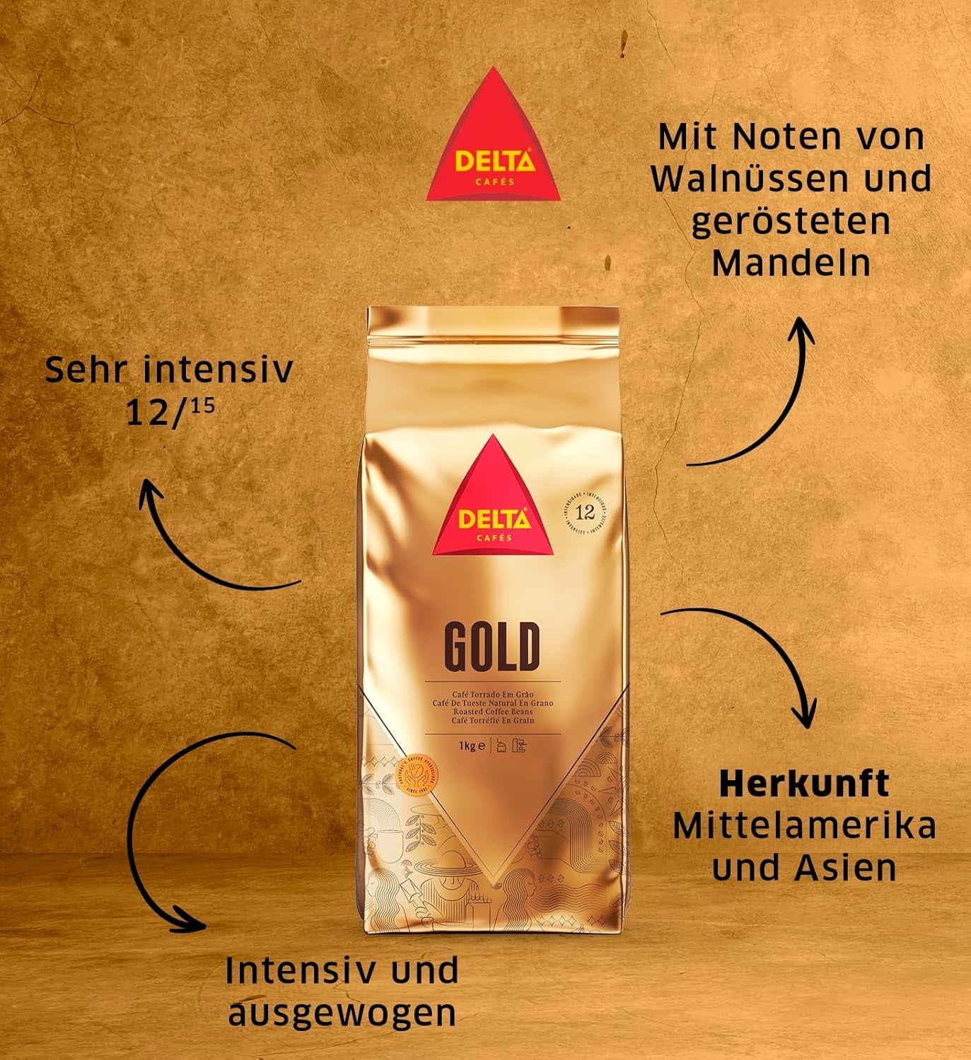 Delta Cafés - Kaffeebohnen Gold - 2 Pakjes à 1 kg - Intensiteit 12 - Vollmundige Arabica-Röstkaffebohnenmischung - Sehr aromatisch mit Noten von Honig und Reifen Früchten