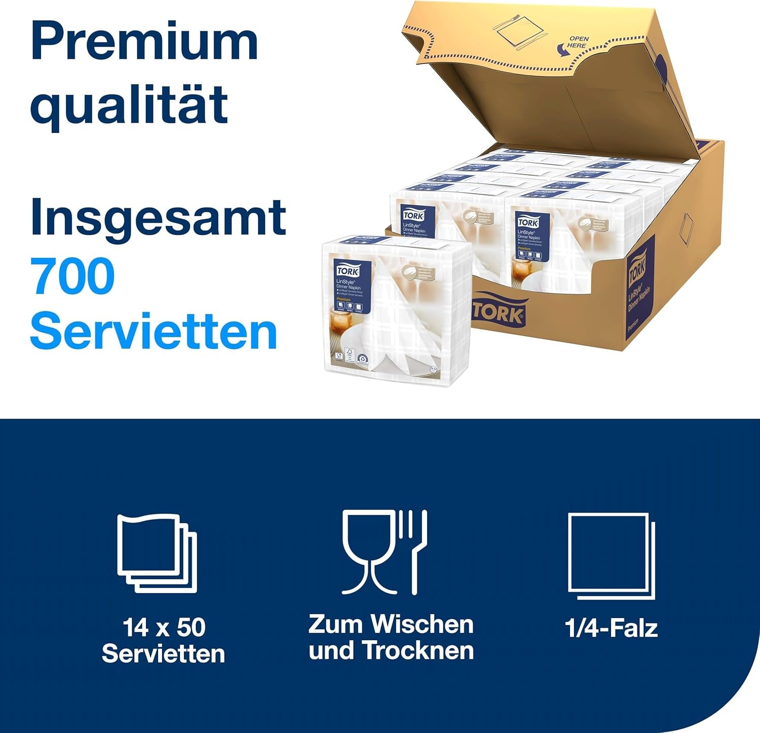Tork Linstyle witte servetten, 1/4 vouw, 19,5 x 19,5 cm, 14 נ50 servetten, 509410