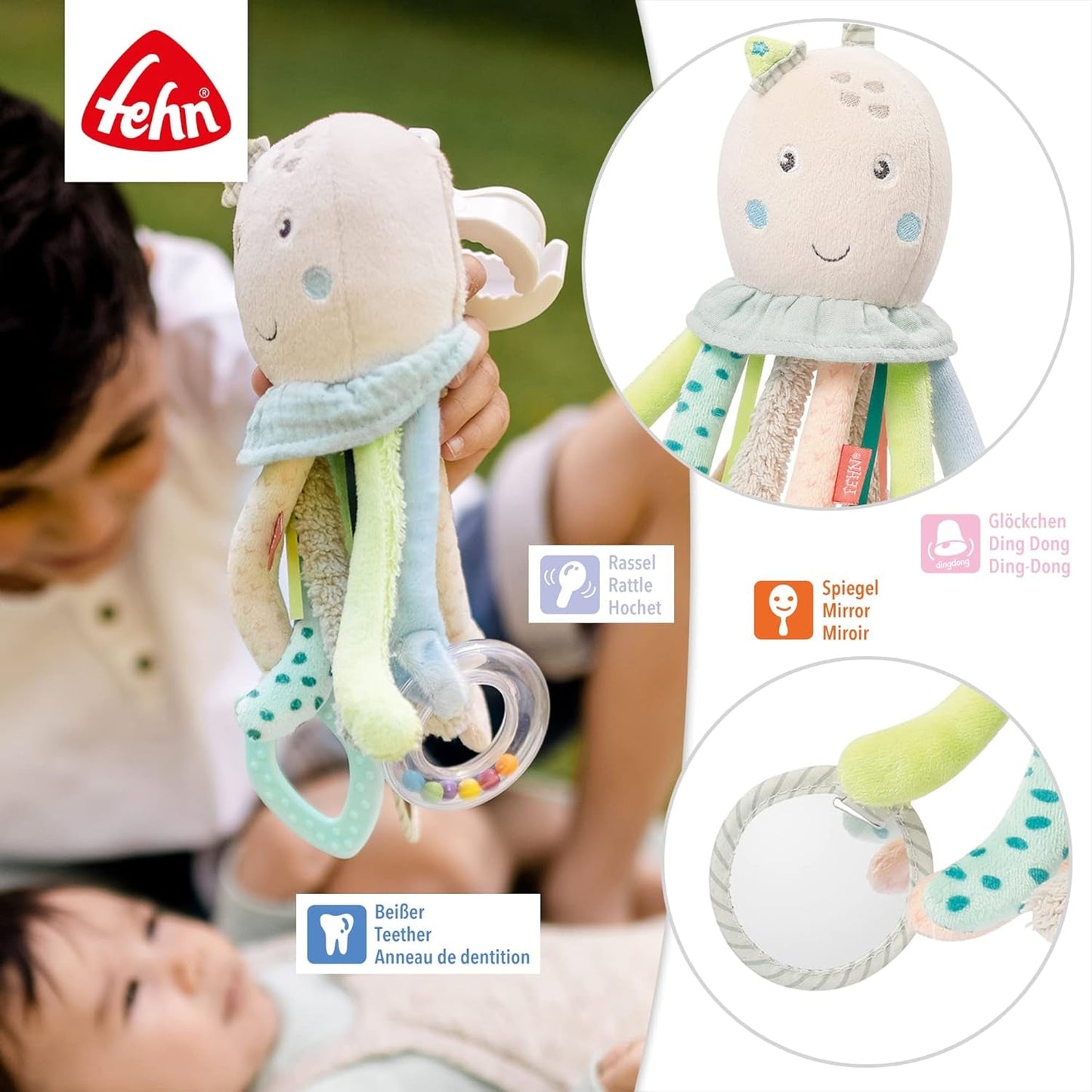 Fehn Octopus Activity Toy - Babymotoriek speelgoed voor kinderwagens en slimme starts, Oball, rammelaar met grijpballen om te wandelen, interactief babyspeelgoed Bebe Toys Naty Shop