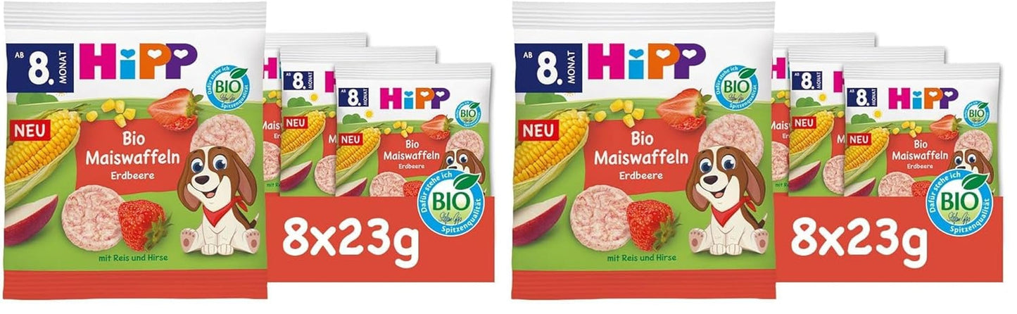 HiPP Biologische maïswafels met aardbeien (8 x 23 g), snack voor baby's vanaf 8 maanden, alleen gezoet met fruit en groenten, glutenvrij, beste biologische kwaliteit (2-pack)