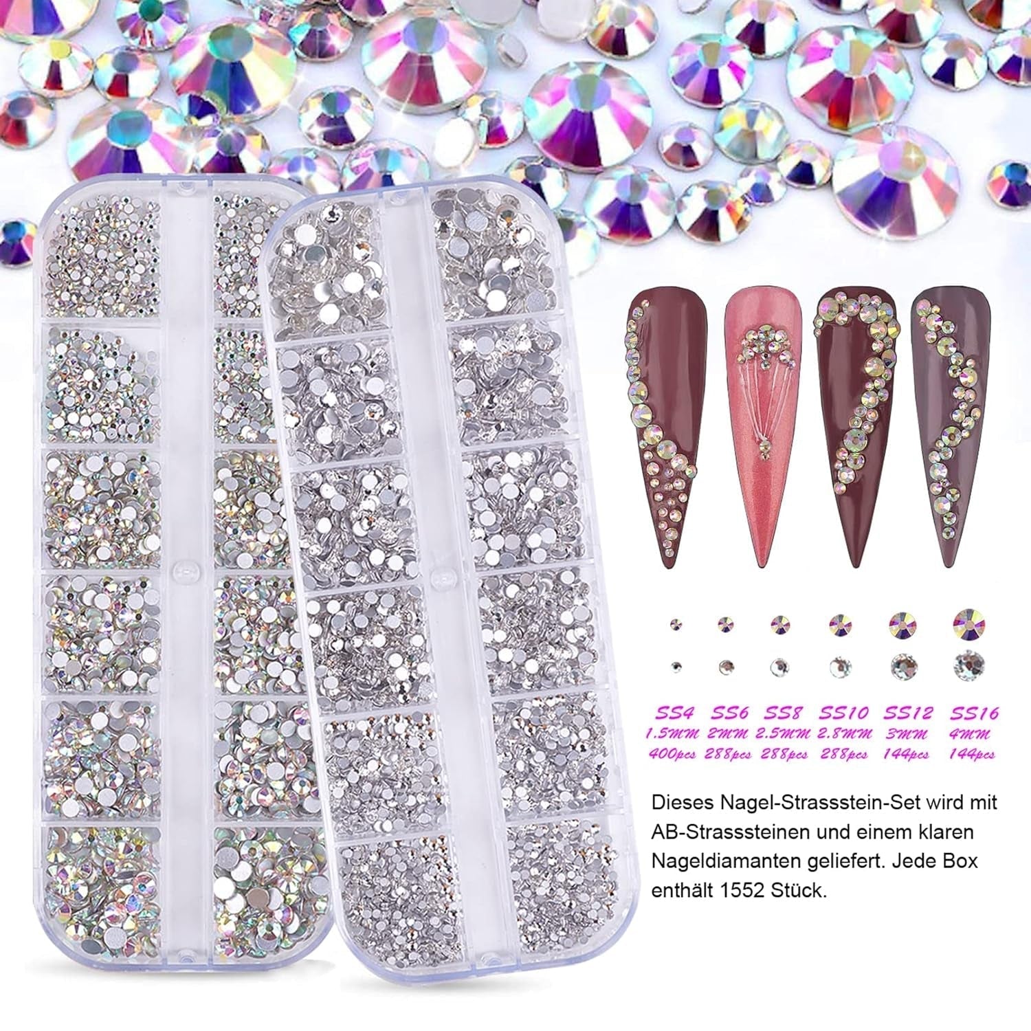 3200 nagelstenen set FITDON veelvormige glazen AB-stenen en heldere diamantglitter AB-stenen voor nagelkunstdecoratie doe-het-zelf-sets sieraden sleutelhangers nagelaccessoires