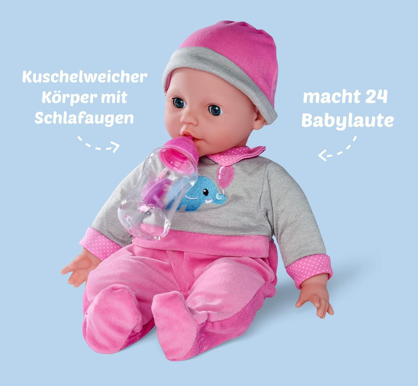 Simba 105140066 - Laura Interactieve, zachte lichaamspop met slaapogen, babbelt bij beweging, drinkt uit een fles en valt in slaap, 40 cm, babypop voor kinderen vanaf 2 jaar