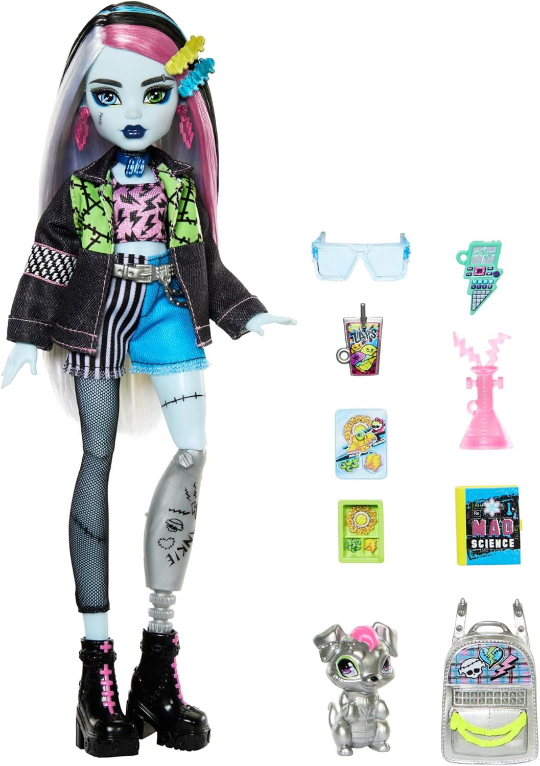 Monster High Frankie Stone-pop in spijkerjasje en korte broek, inclusief hondenwattie en accessoires zoals rugzak, snack en notitieboekje, HXH73 Naty Shop-poppen