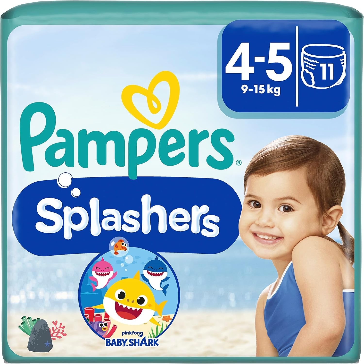 Pampers Splashers Baby Shark Limited Edition Wegwerpzwemluiers 4-5, 11, 9kg-15kg, voor veilige bescherming in het water