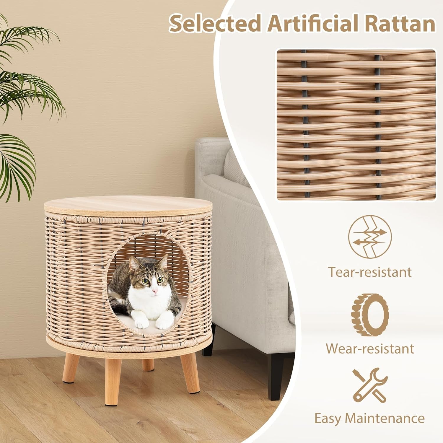 Katzenhaus Rattan, Katzenmöbel mit Holzbeinen & soft Kissen, 3 in 1 Katzenhöhle Fußhocker Nachttisch, Katzenbett stabil bis 30 kg voor Wohnzimmer Schlafzimmer