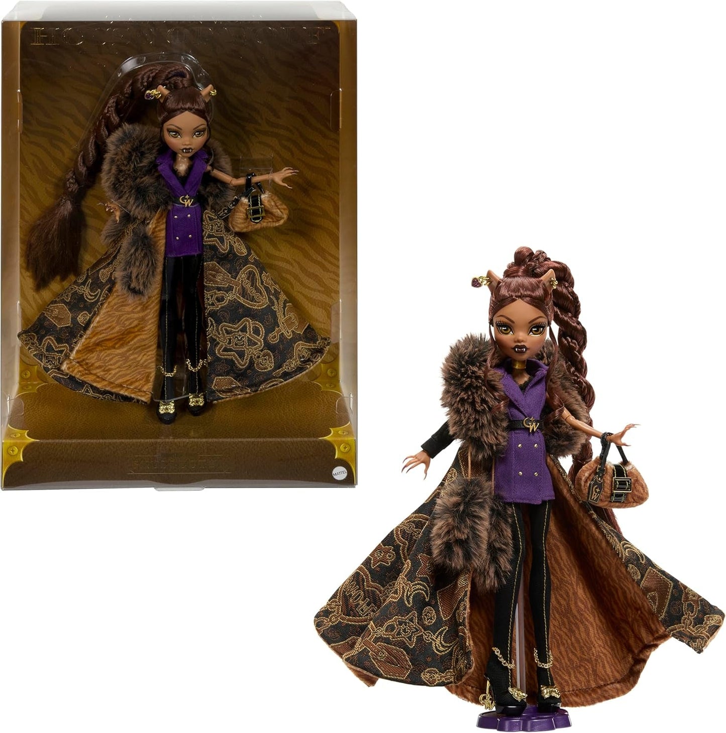 Monster High Doll House of Wolves Clawdeen Wolf verzamelfiguur met jacquard imitatiebontjas Paars jasje Jurk Gouden broek en accessoires JDR66