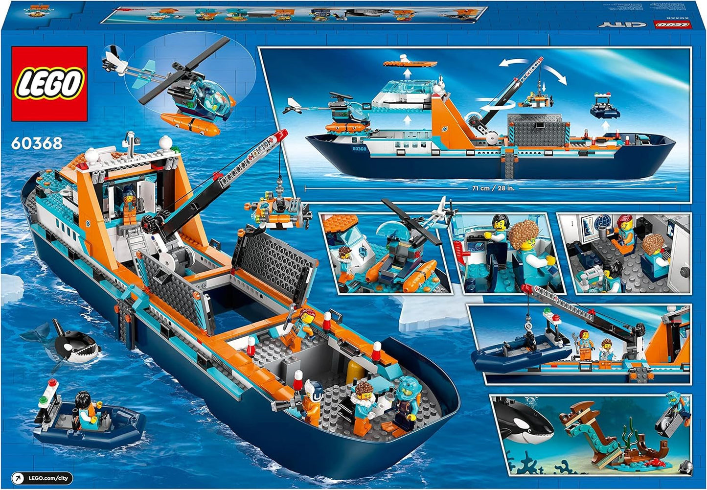 LEGO City Poolonderzoeksschip, grote drijvende speelgoedboot met helikopter, opblaasbare boot, Rov-onderzeeër, Vikingwrak, 7 minifiguren en orkafiguur, cadeau voor kinderen vanaf 7 jaar 60368 Bouwsets Besuche in LEGO-Store