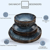 Zanger | Tokyo 36-delige serviesset 12-persoons porseleinen serviesset Modern handgemaakt donkerblauw servies met zwarte accenten | DE PREMIUM COLLECTIE