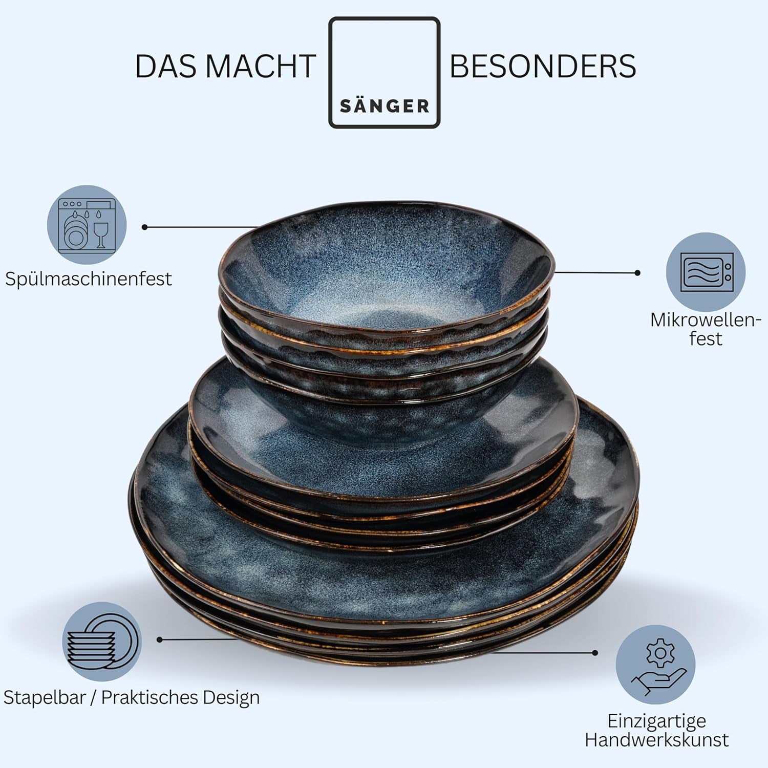 Zanger | Tokyo 36-delige serviesset 12-persoons porseleinen serviesset Modern handgemaakt donkerblauw servies met zwarte accenten | DE PREMIUM COLLECTIE