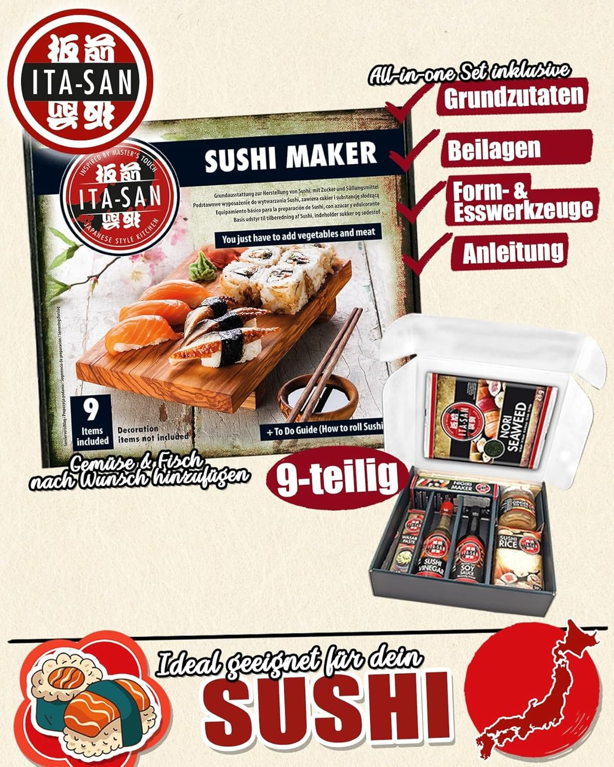 ITA-SAN Sushi Set (9-delige complete set, ideaal voor beginners, om uit te proberen of cadeau te doen) 1 pakje
