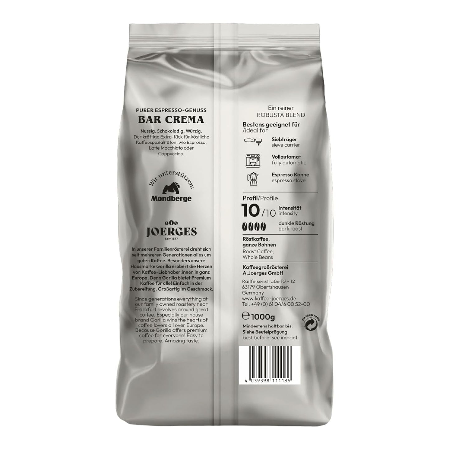 Gorilla Espresso Bar Crema koffiebonen - 12 pakjes van elk 1000 g