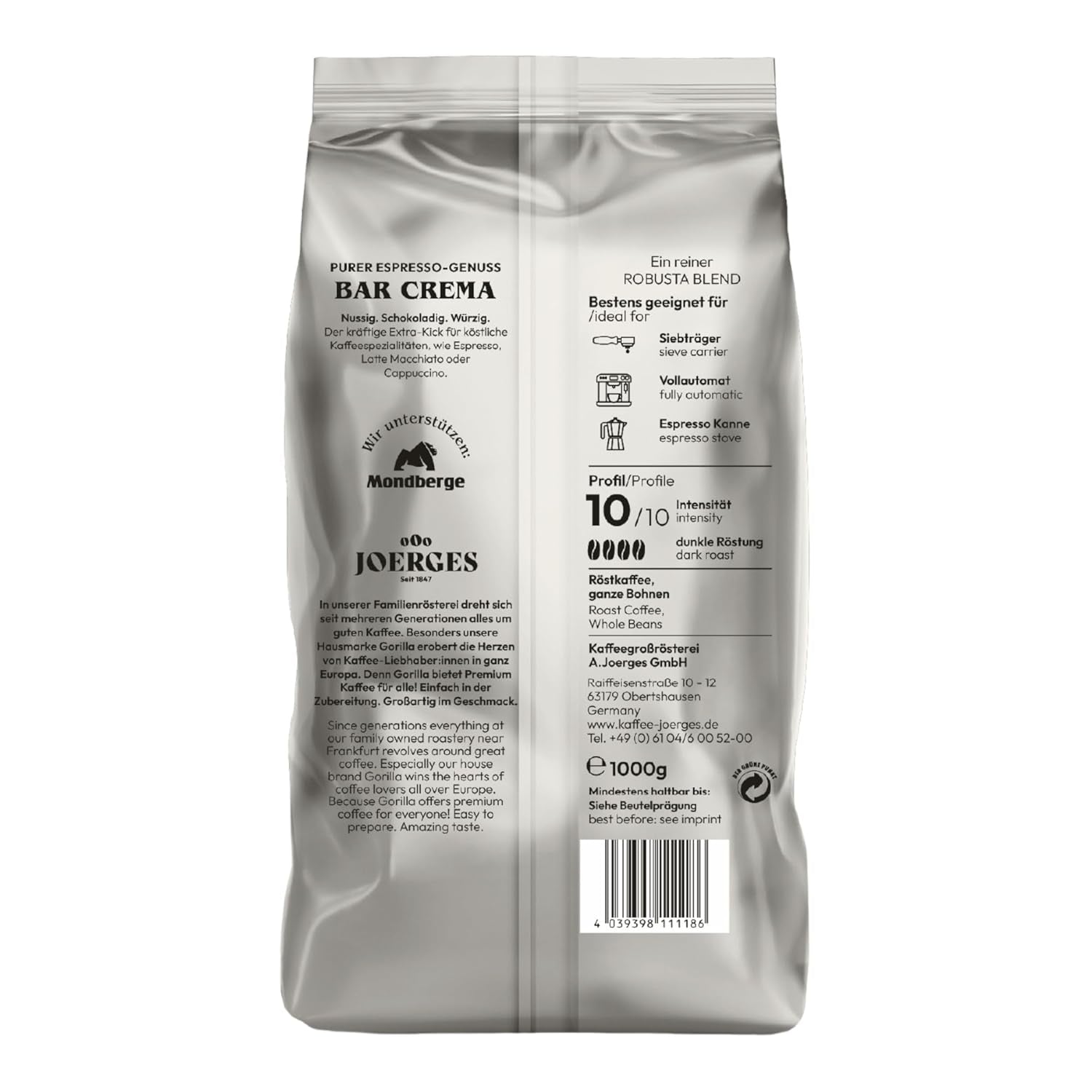 Gorilla Espresso Bar Crema koffiebonen - 12 pakjes van elk 1000 g
