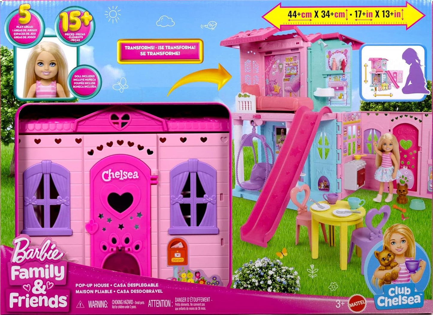 Barbie Chelsea poppenhuis met meer dan 15 accessoires, pop-uphuis kan worden uitgebreid tot meer dan 42 x 33 cm met 5 speelplekken en een glijbaan, met een kleine pop en een hond, JFW49