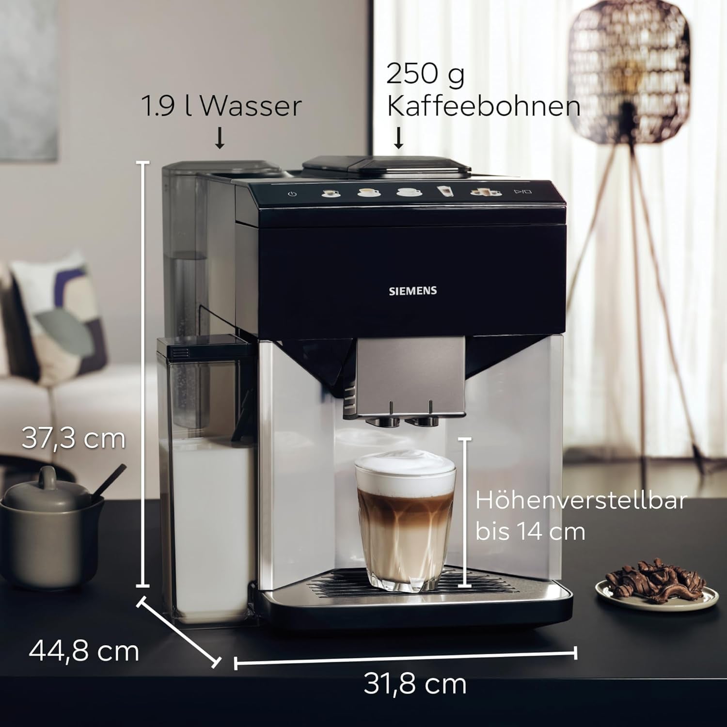 Siemens EQ500 volautomatische espressomachine TQ513D01, vele koffiespecialiteiten, melkopschuimer, geïntegreerd melkreservoir, automatische stoomreiniging, 1500 W, natuurlijk licht zilver/pianozwart
