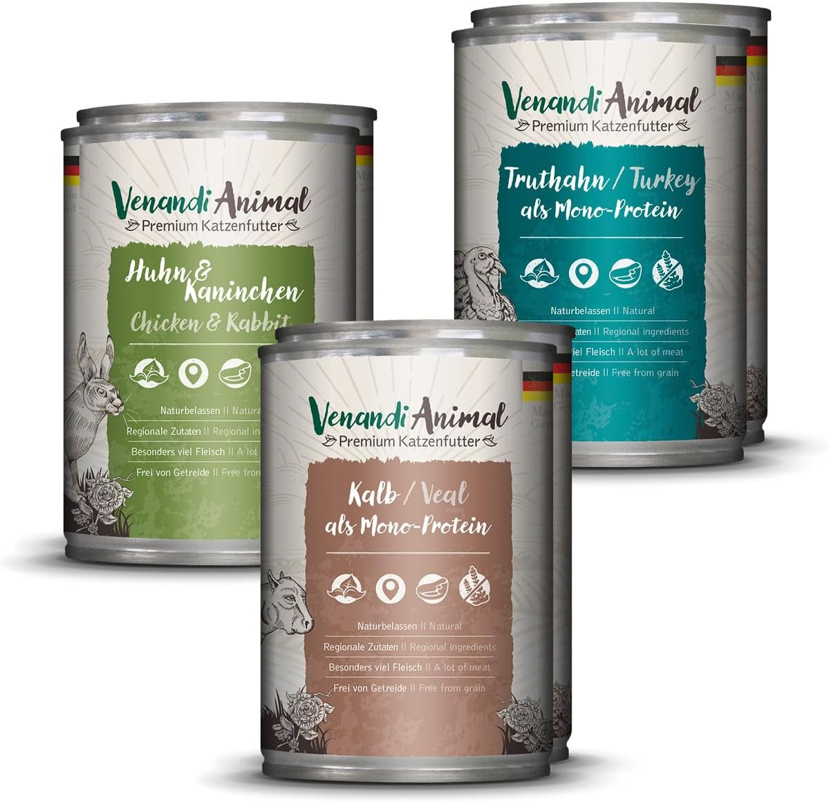 Venandi Animal Premium Nassfutter für Katzen, Probierpaket II, Kip + Konijn, Kalb, Kalkoen, 6 x 400 g, getreidefrei en natuurbelassen, 2,4 kg