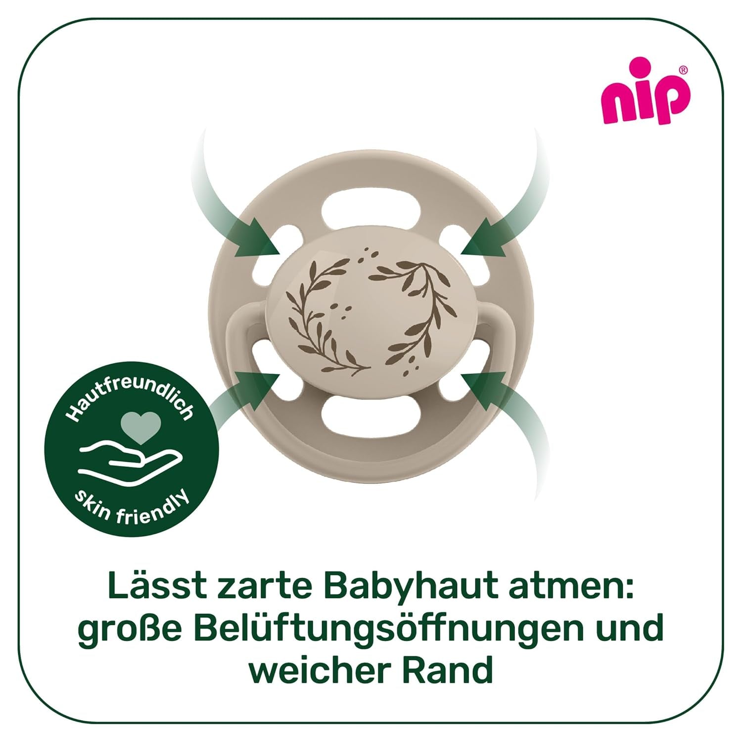 nip - Kersengroen | 0-6 maanden | Pak van 4 | Babyfopspeen, geschikt voor borstvoeding en tandjes krijgen. Duurzame speen, gemaakt van natuurlijke grondstoffen, lichtgroen/bruin
