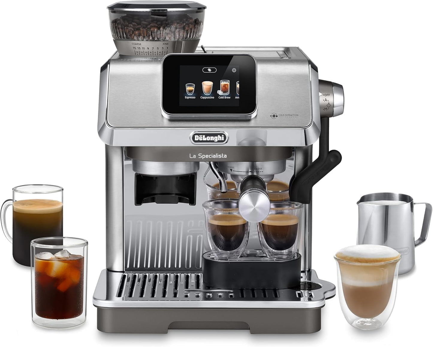 De'Longhi La Specialista Arte EC9155.MB portafilter espressomachine met molen, 8 maalstanden, 15 bar druk, 3 temperatuurstanden, melkopschuimer, 1550W, 1,7L tank, RVS/zwart, inclusief barista kit