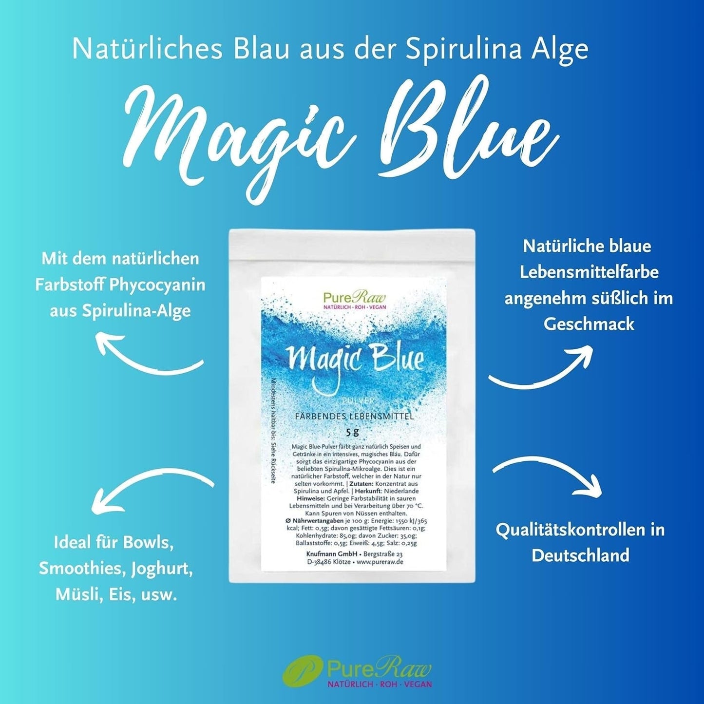 Magic Blue Spirulina Natuurlijke Voedselkleurstof Poeder Blauw (Rauw Veganistisch) Donkerblauw tot Licht Pastelblauw - Phycocyanine Algen Poeder Voedselkleuring - Natuurlijke Voedselkleuring | Pureraw 5G