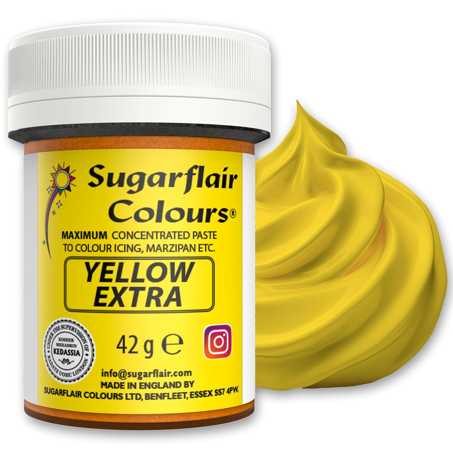 Kleurstof Sugarflair Max Concentrated Yellow Extra, sterk geconcentreerde kleurstof voor marsepein en fondant, pastakleuring Max Concentrate - 42 g