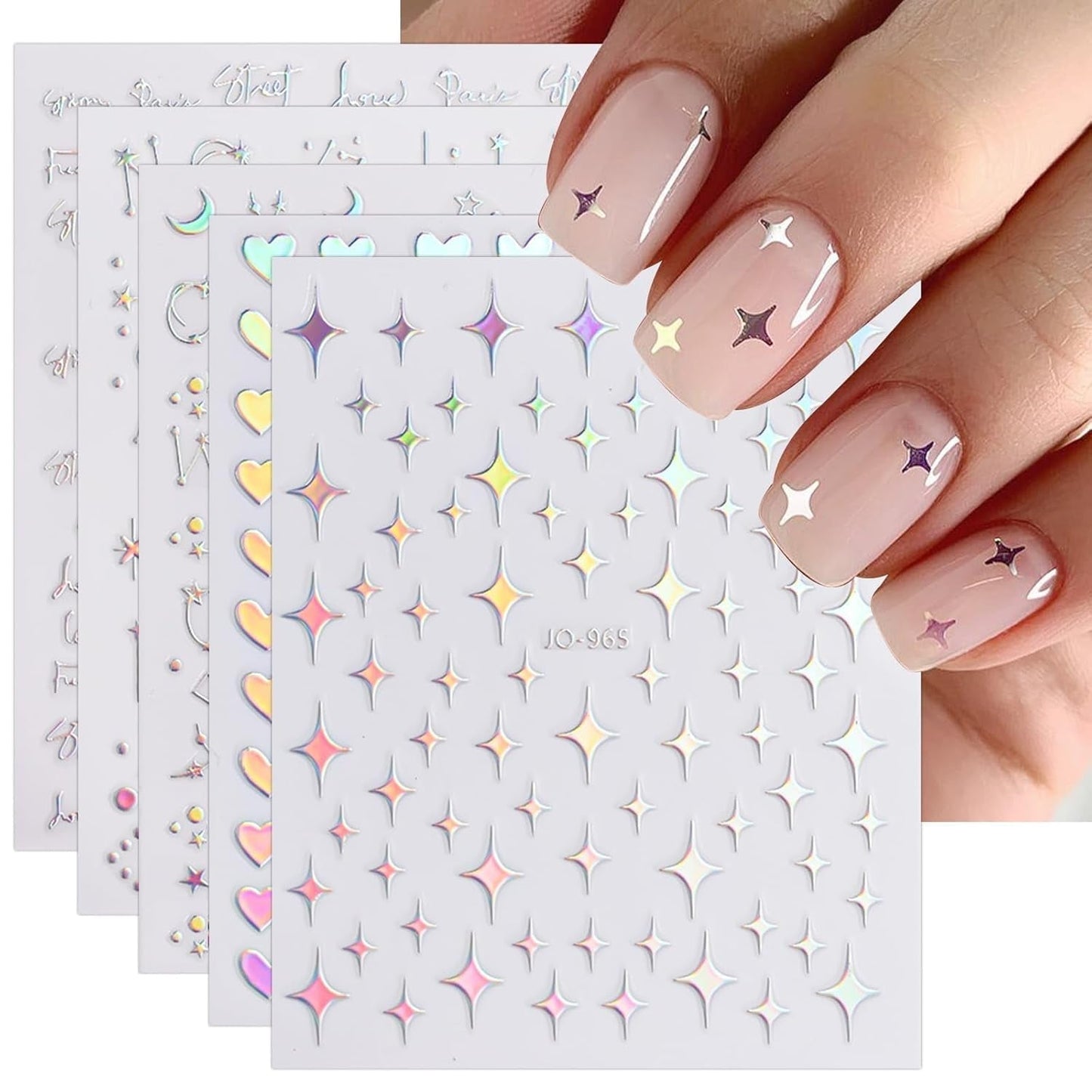 JMEOWIO Nagelsticker Aurora 12 Blatt Nail Art Sticker Selbstklebend Nagelaufkleber Holografisches Stern Herz Decoratie Nageldesign Zubehör