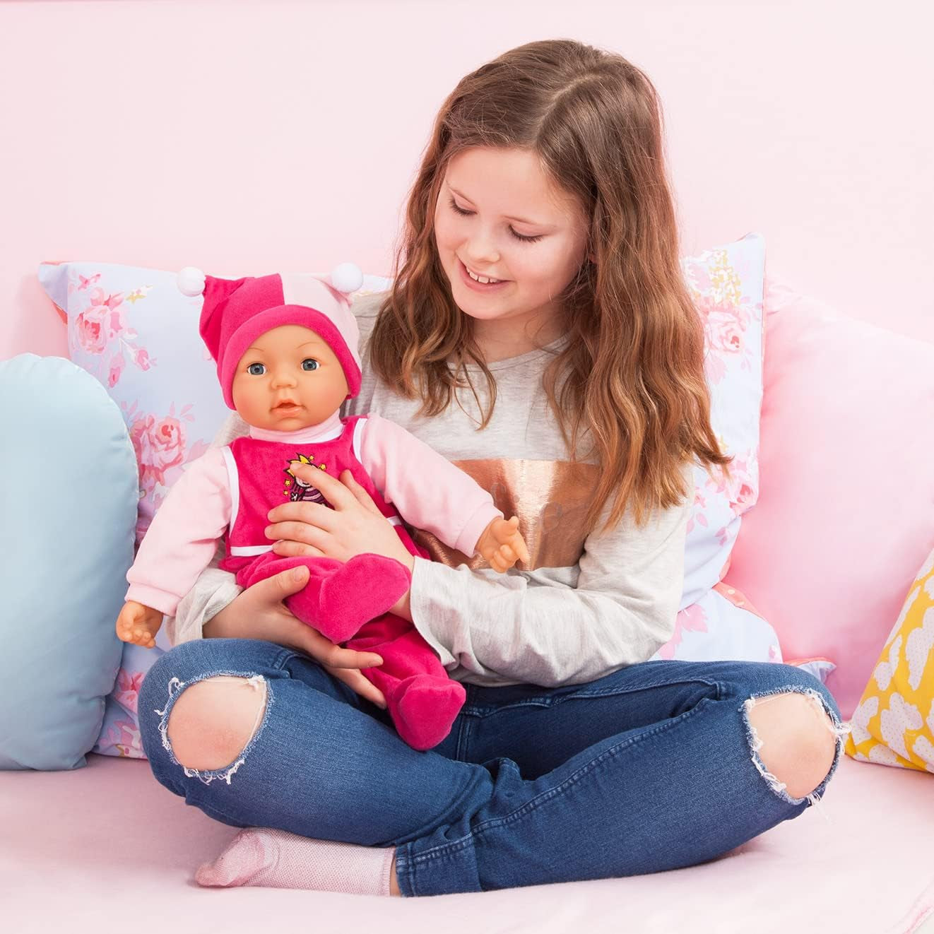 Funktionspuppe Hello Baby mit Geräuschen, bewegt den Mund, interactieve Puppe, Babypuppe, met Zubehör, 46cm, roze