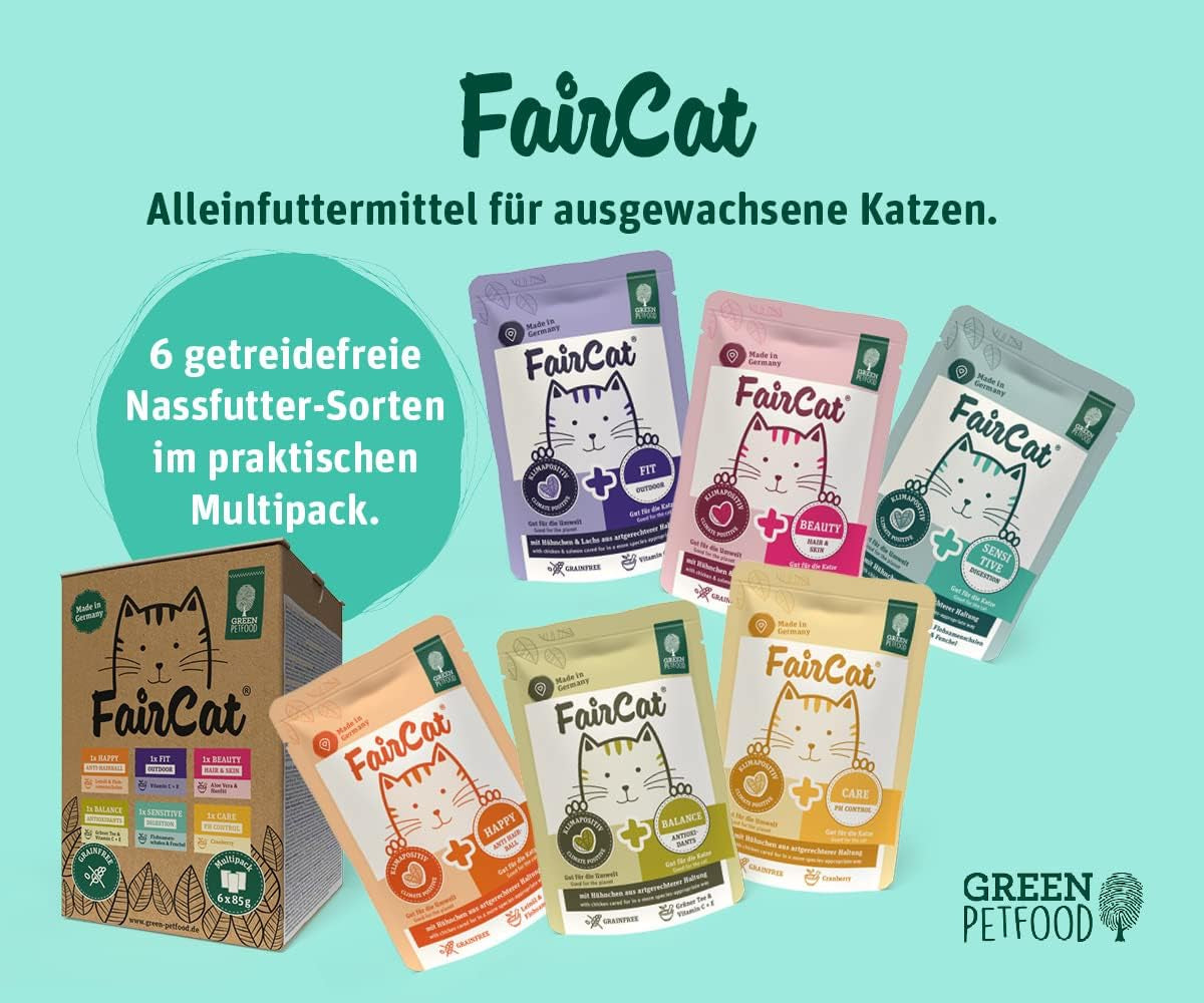 Groene Dierenvoeding FairCat Multipack (6 x 85 g) | Volwassene | Premium natvoer voor volwassen katten 6 verschiedenen leckere Sorten im Multipack | getreidefrei | Katzenfutter nass | 6 pakjes