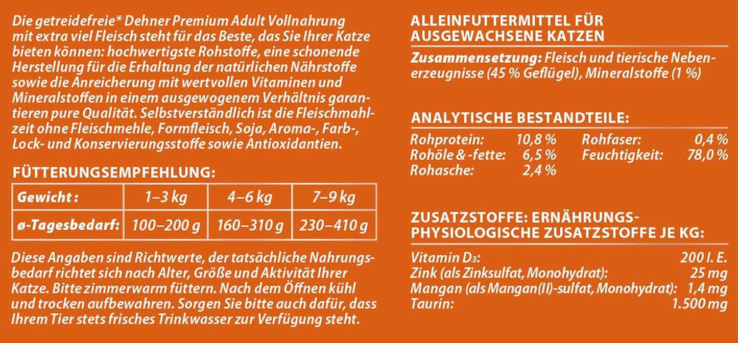 Dehner Premium kattennatvoer, graanvrij, voor volwassen katten, gevogelte, 6 blikken van 400 g (2,4 kg)