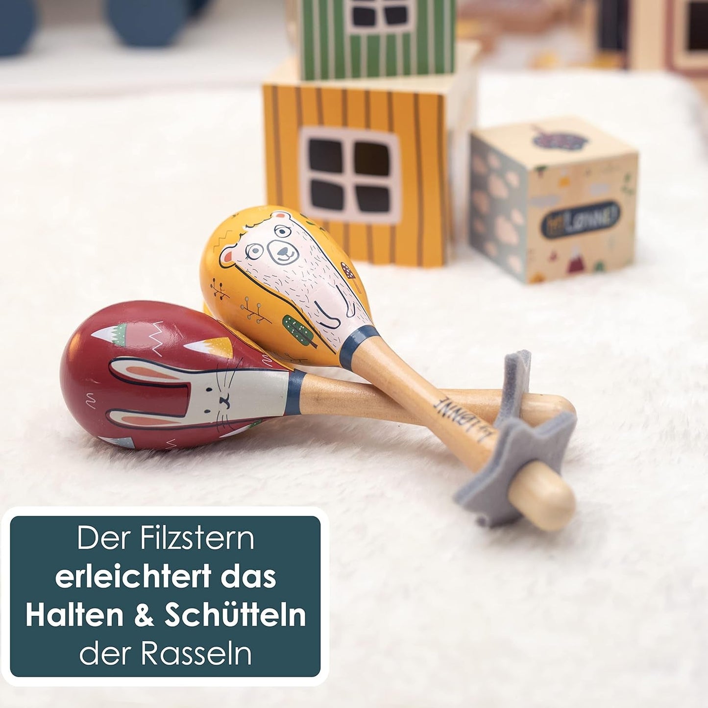 HEJ LØNNE set van 2 houten bellen - Kindermaracas - houten muziekinstrument ter bevordering van de motoriek, coördinatie en sociaal gedrag - houten bel voor kinderen - kinderspeelgoed Speelgoed Bebe Naty Shop