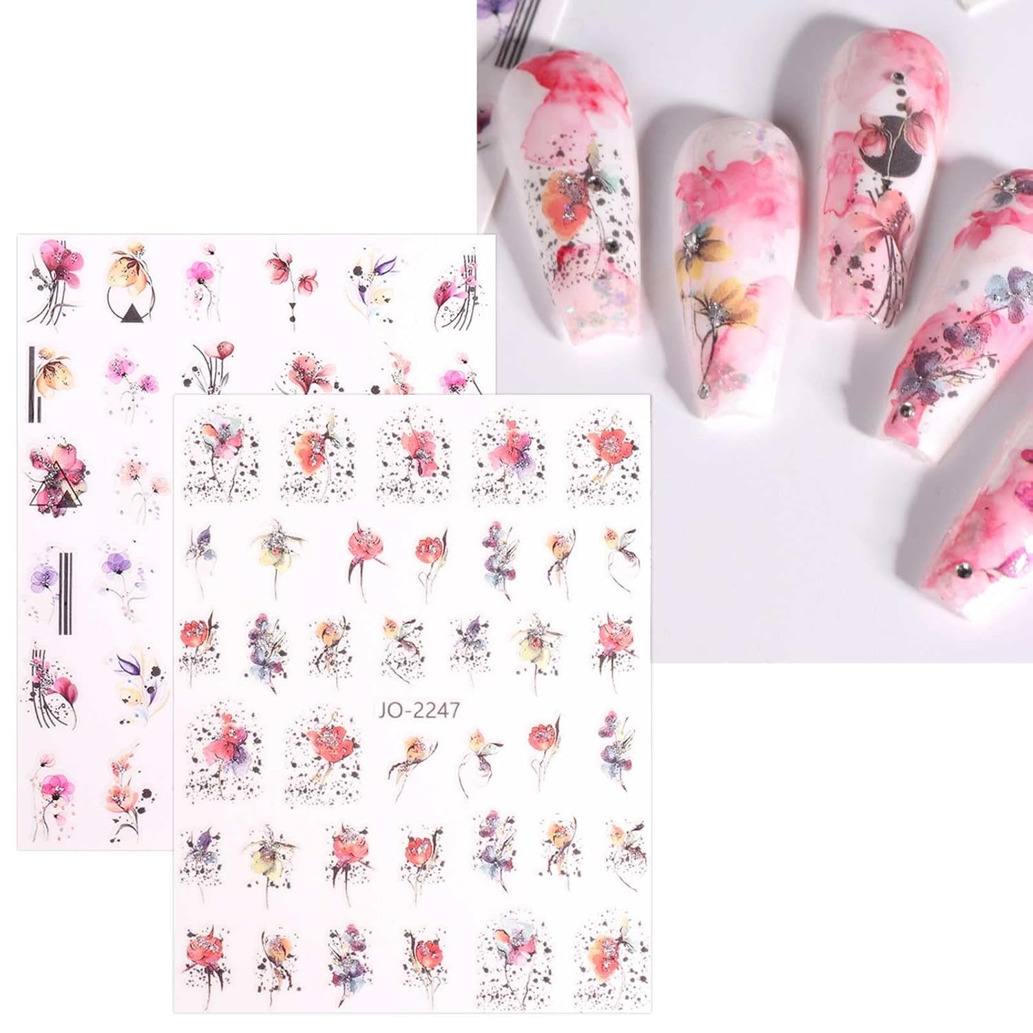 JMEOWIO Nagelsticker Frühling Blume 12 Blatt Nail Art Sticker Selbstklebend Nagelaufkleber Blätter Decoratie Nageldesign Zubehör