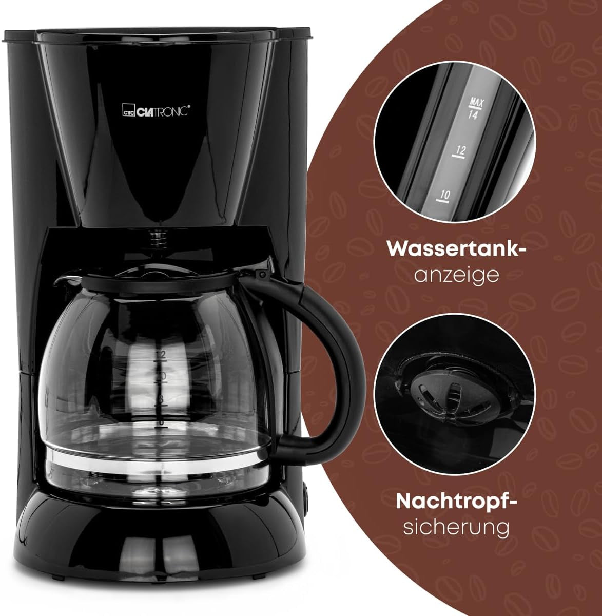 Clatronic® espressomachine | Automatische espressomachine voor 12-14 kopjes (ca. 1,5 liter) | Espressomachine met filter en antidruppelsysteem | 900W | Espressor KA 3473 Zwart