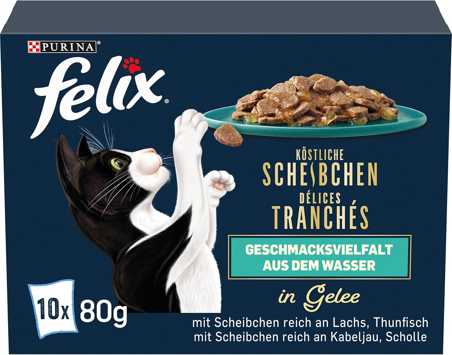 Felix Delicious Nat gesneden kattenvoer in gelei, verschillende smaken uit water, verpakking van 6 (6 x 10 zakjes van elk 80 g)