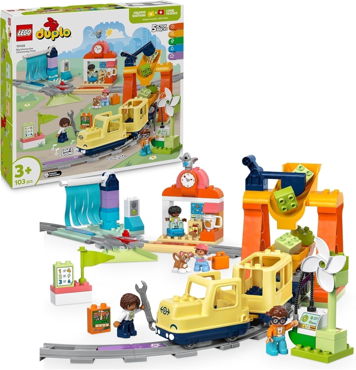 LEGO DUPLO Stad Grote interactieve spoorweg, bouwspeelgoed voor peuters vanaf 3 jaar, Push & Go-locomotief met licht en geluid, baanonderdelen, educatief speelgoed voor kleuters 10428 Bouwsets Bekijk de LEGO-Store standaardtitel