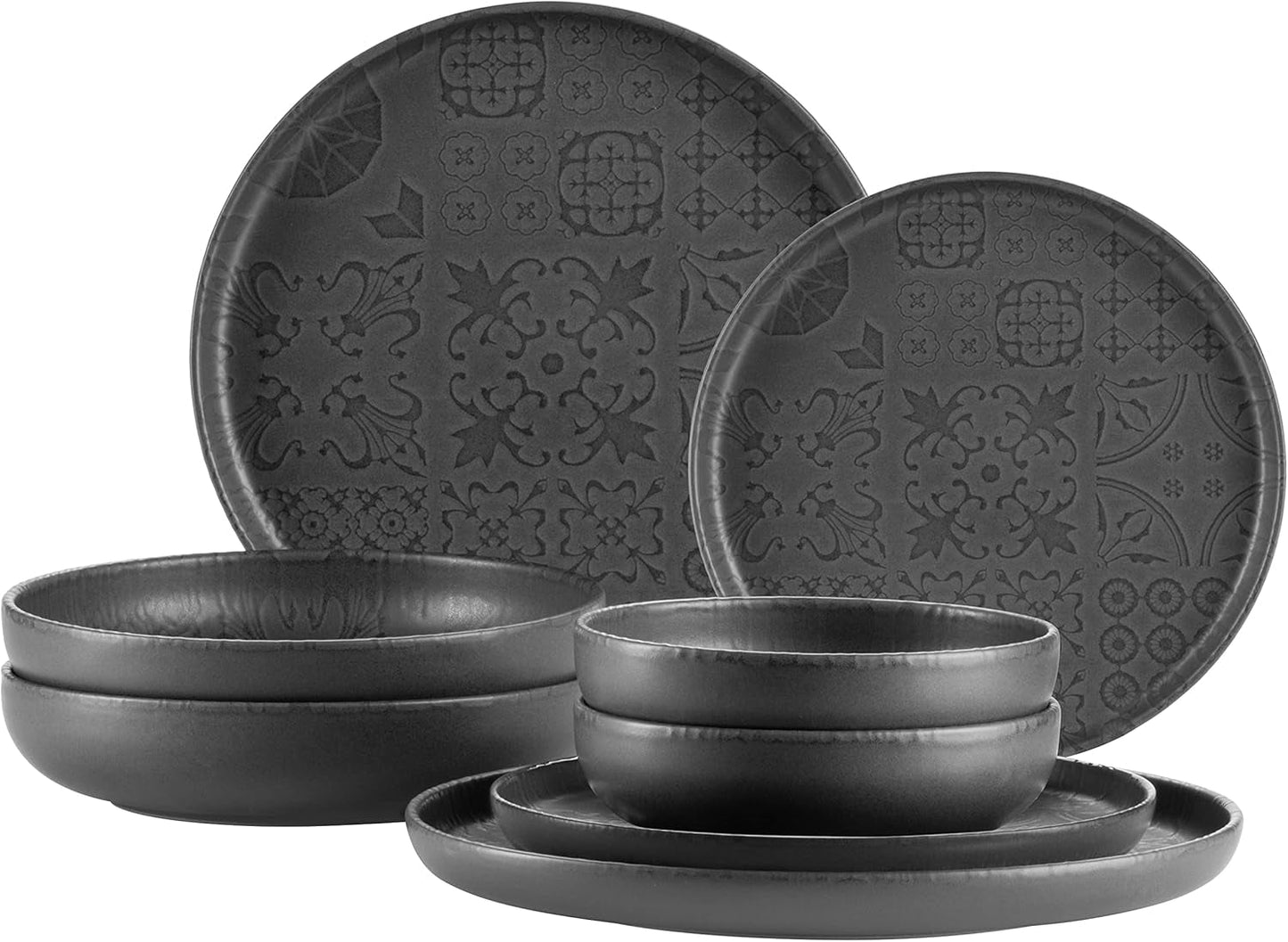 MÄSER 934064 Moderne vintage serviesset voor 2 personen, Moors design met mat glazuur, 8-delig servies, hoogwaardige keramische borden en schalen, steengoed, zwart