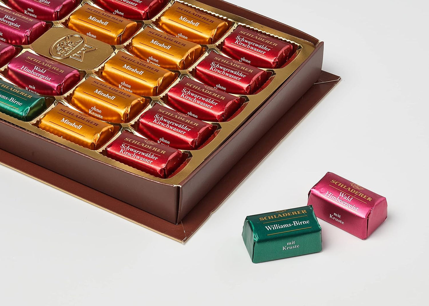 RCP Schladerer Pralines, fijn assortiment, melk- en pure chocolade, met en zonder suikerkorst, vloeibare vulling, bevat alcohol, leuk cadeau, 255g