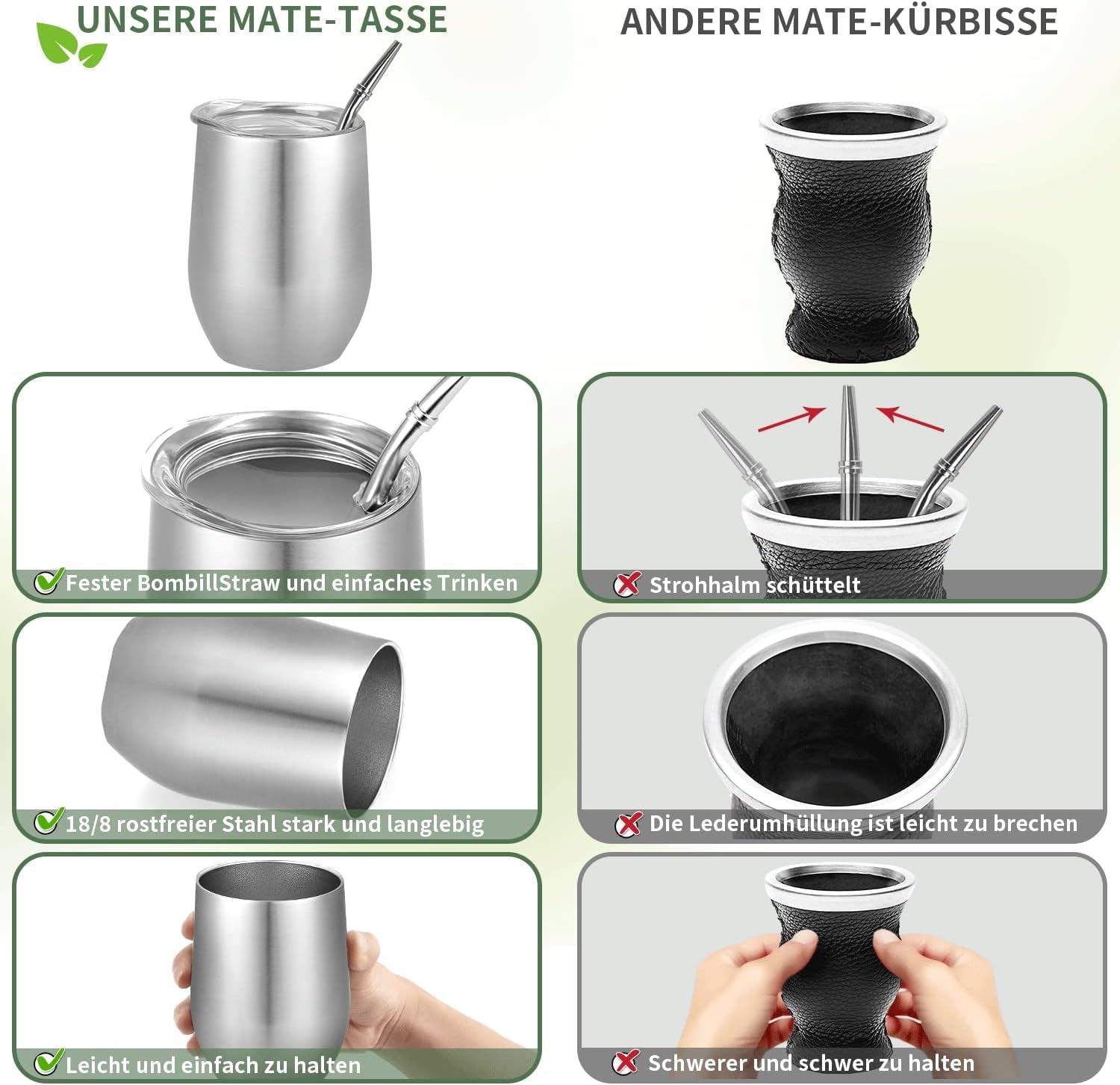 Moderne Mate-mok 340 ml, geïsoleerde dubbelwandige roestvrijstalen Yerba Mate-mokset, Mate-theemok met BPA-vrij deksel, bombillas en een reinigingsborstel (zilver)