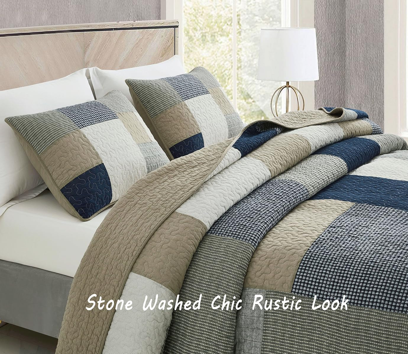 Chezmoi Collectie Addy Patchwork Quiltset Voorgewassen Katoen Lichtgewicht Omkeerbaar Alle seizoenen Oversized 3-delig Marine Wit Grijs Taupe Geruite Quilts & Quilts Naty Shop