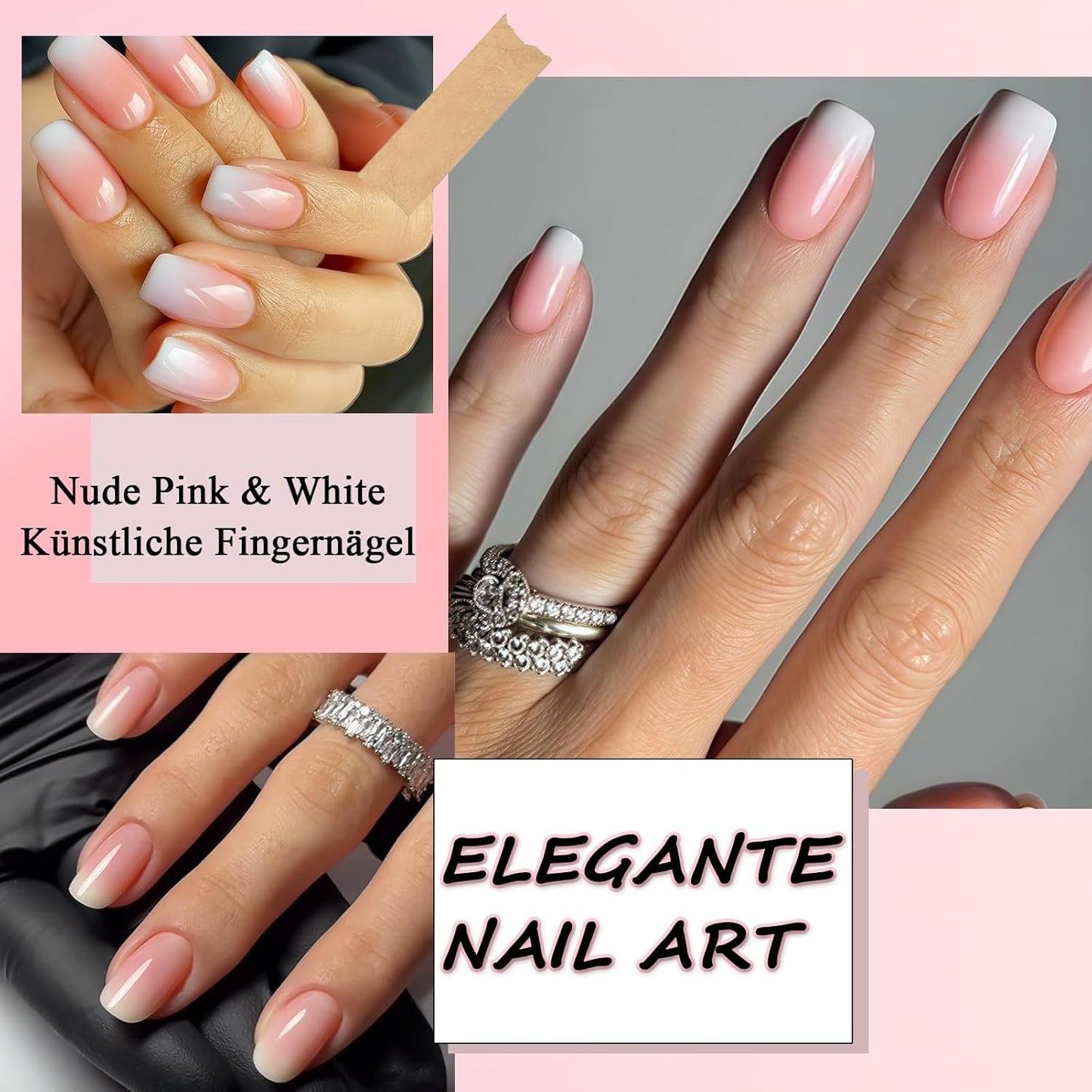 360-delige kunstnagelset - korte naaktroze witte gradiënt kunstnagels - vierkante lijm op kunstnagels - volledige dekking glanzende zelfklevende nagels voor dames en meisjes (vierkant)