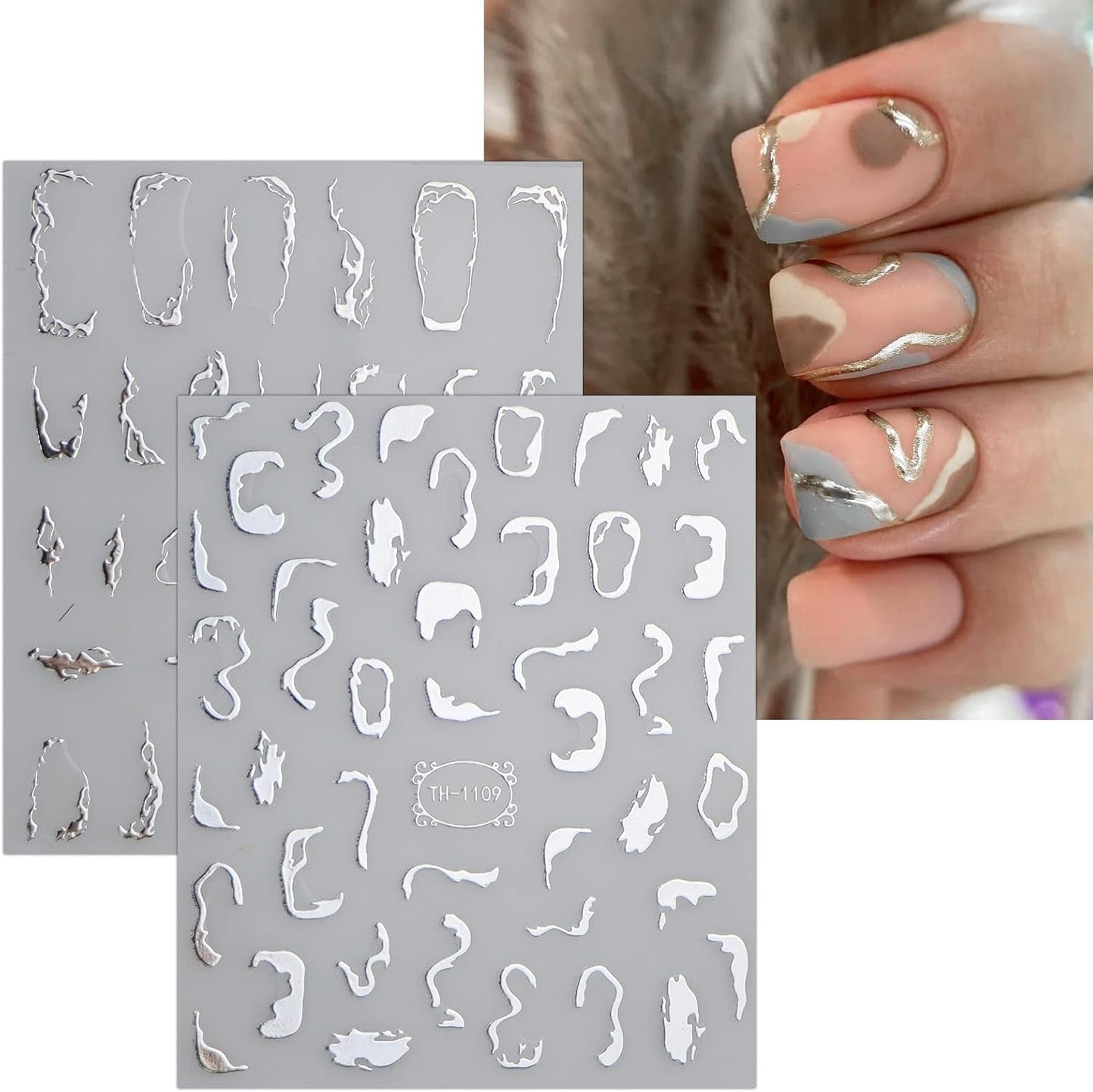 JMEOWIO Nagelsticker Marmor Linie 9 Blatt Nail Art Sticker Selbstklebend Nagelaufkleber Silver Bunt Decoratie Nageldesign Zubehör
